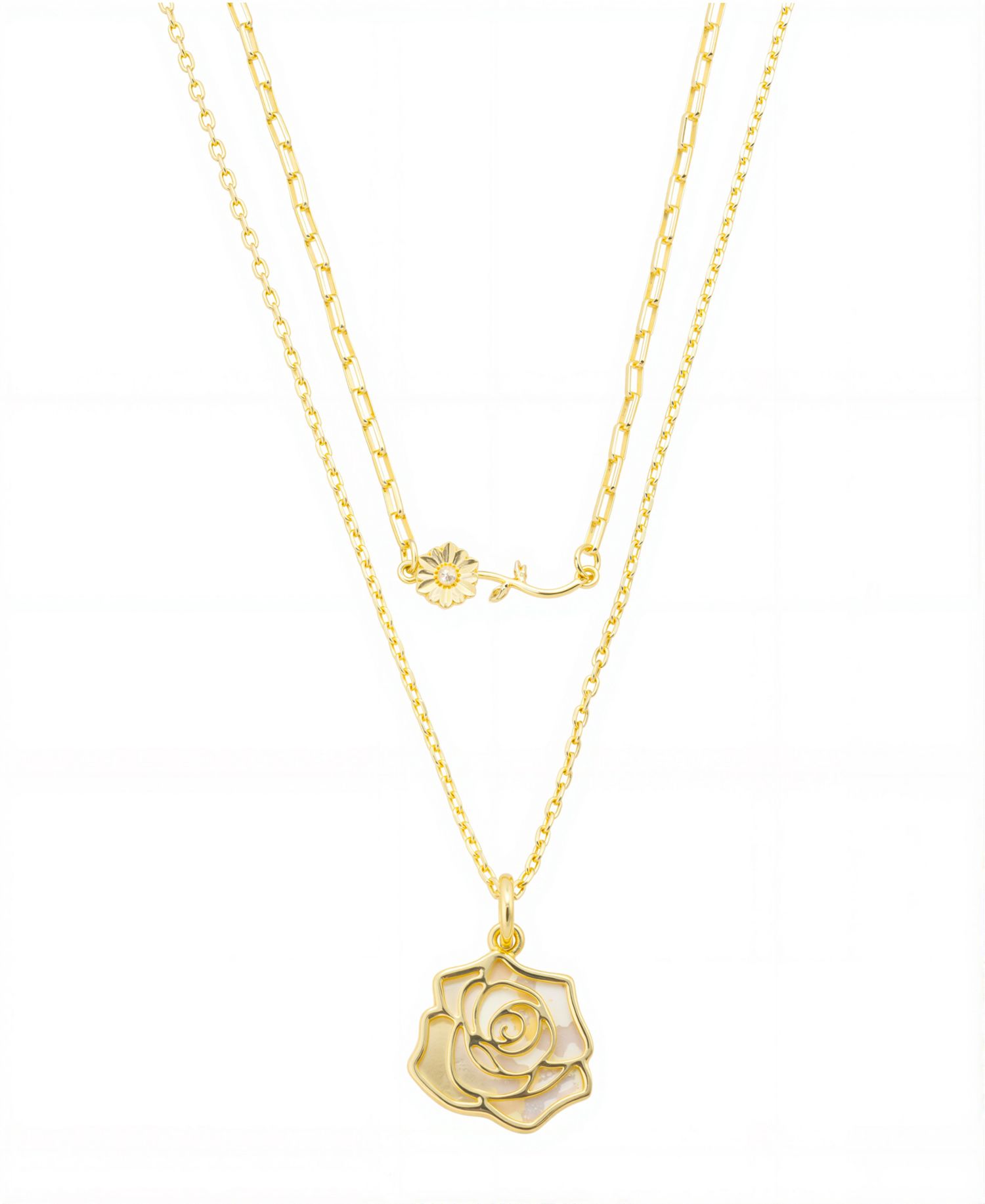 Mother of Pearl Inlay Flower Rose Paperclip Chain Layered Necklace