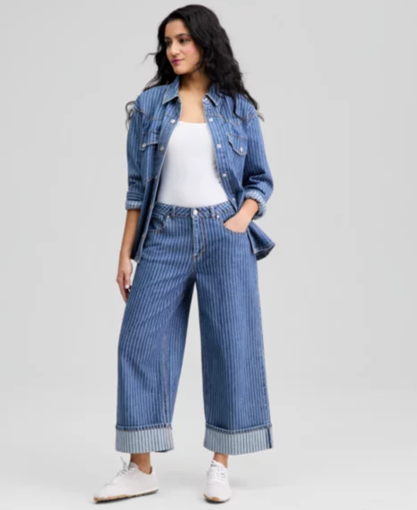 Petite Striped Cuffed Wide-Leg Jeans - Gobi Stripe