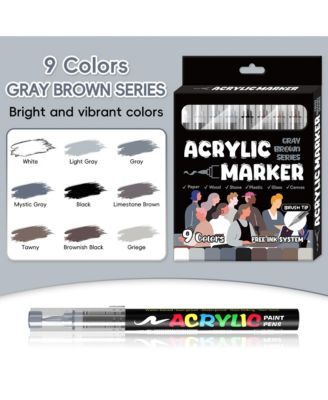 9 Colors Gray Brown Series Acrylic Markers, Soft-Tip Direct-Ink Pigment Pens, Automatic Ink Control for Rock, Egg, Wood, Glass, Paper, Mugs