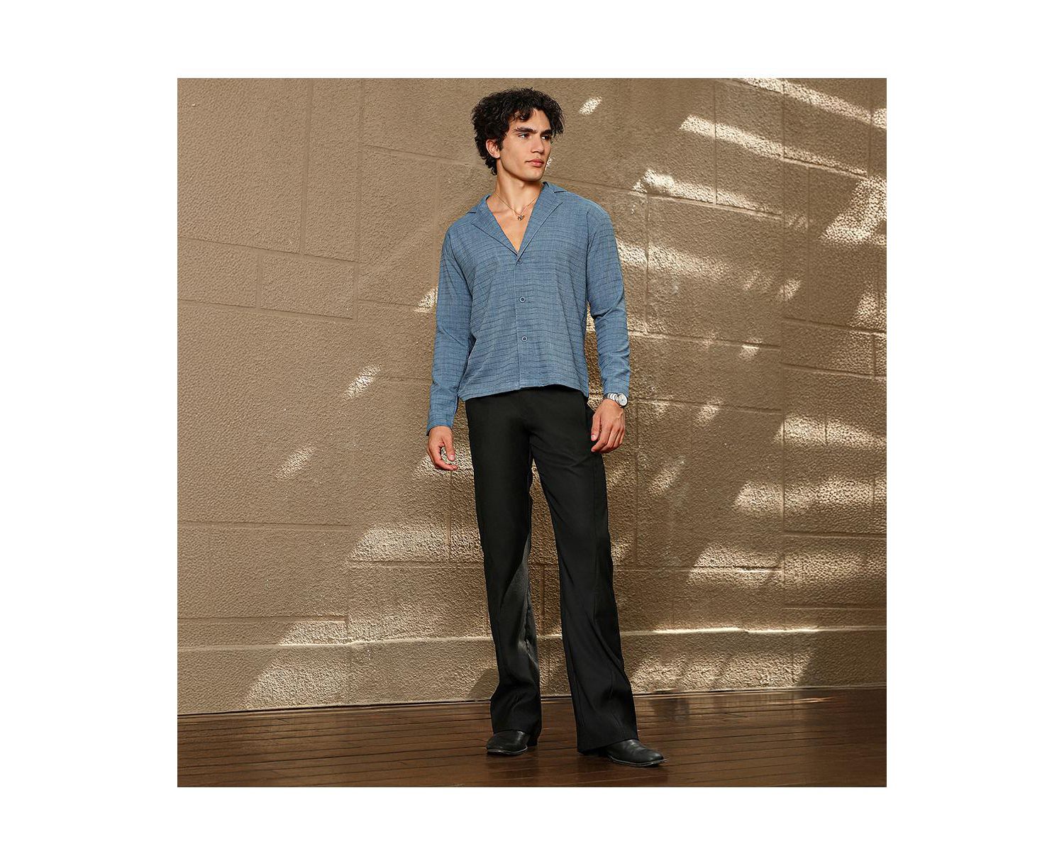 Men's Azure Blue Striped Cuban Shirt