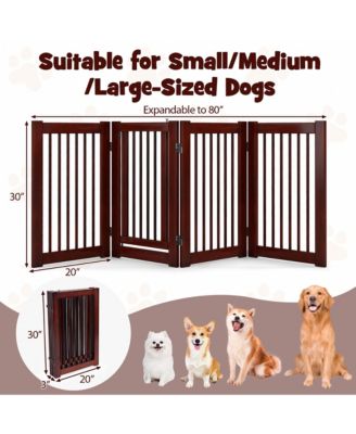 Freestanding Pet Gate 30'' Tall 4-Panel Wooden Dog Fence Solid Wood Foldable