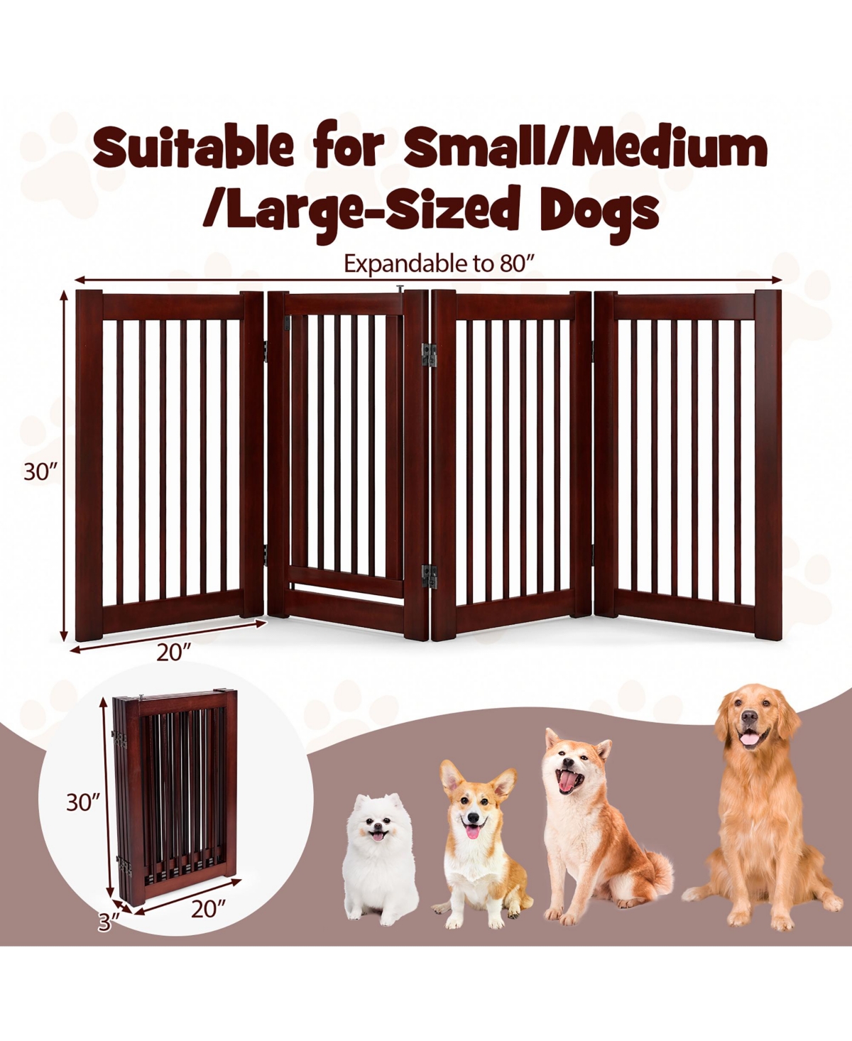 Gymax Freestanding Pet Gate 30'' Tall 4-Panel Wooden Dog Fence Solid Wood Foldable