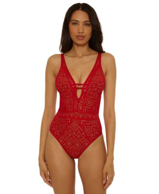 Women's Color Play Crochet Plunge One-Piece Swimsuit