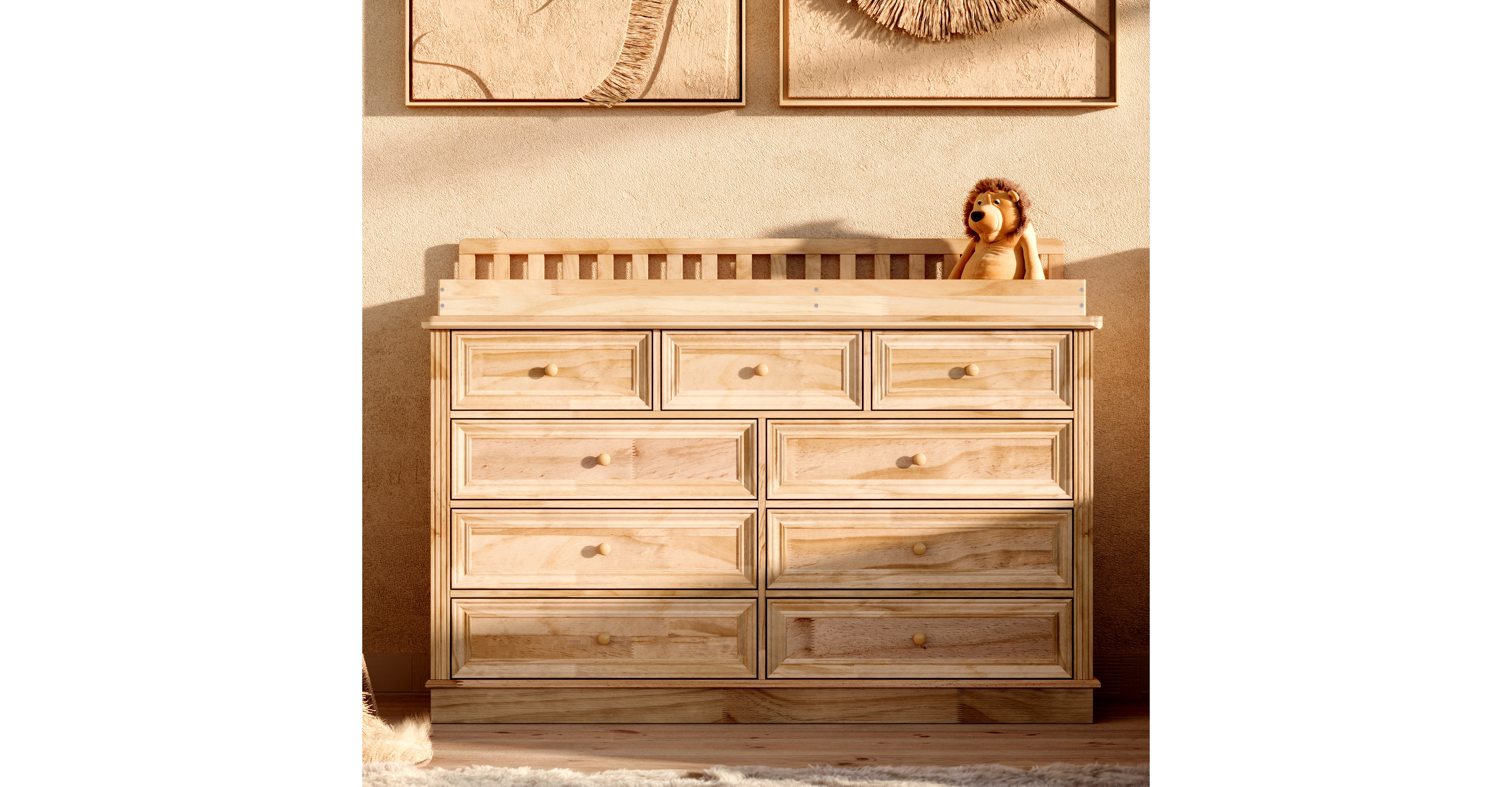 Solid Wood Changing Table with 9 Drawers and Guardrails,Chest of Drawers