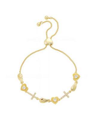 Cubic Zirconia Gold Plated Cross Charm Adjustable Bolo Bracelet