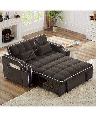 2-Seater Sofa Bed with Pull Out Sleeper, USB & Type-C Charging, Adjustable Backrest, Modern Velvet Loveseat for Small Spaces