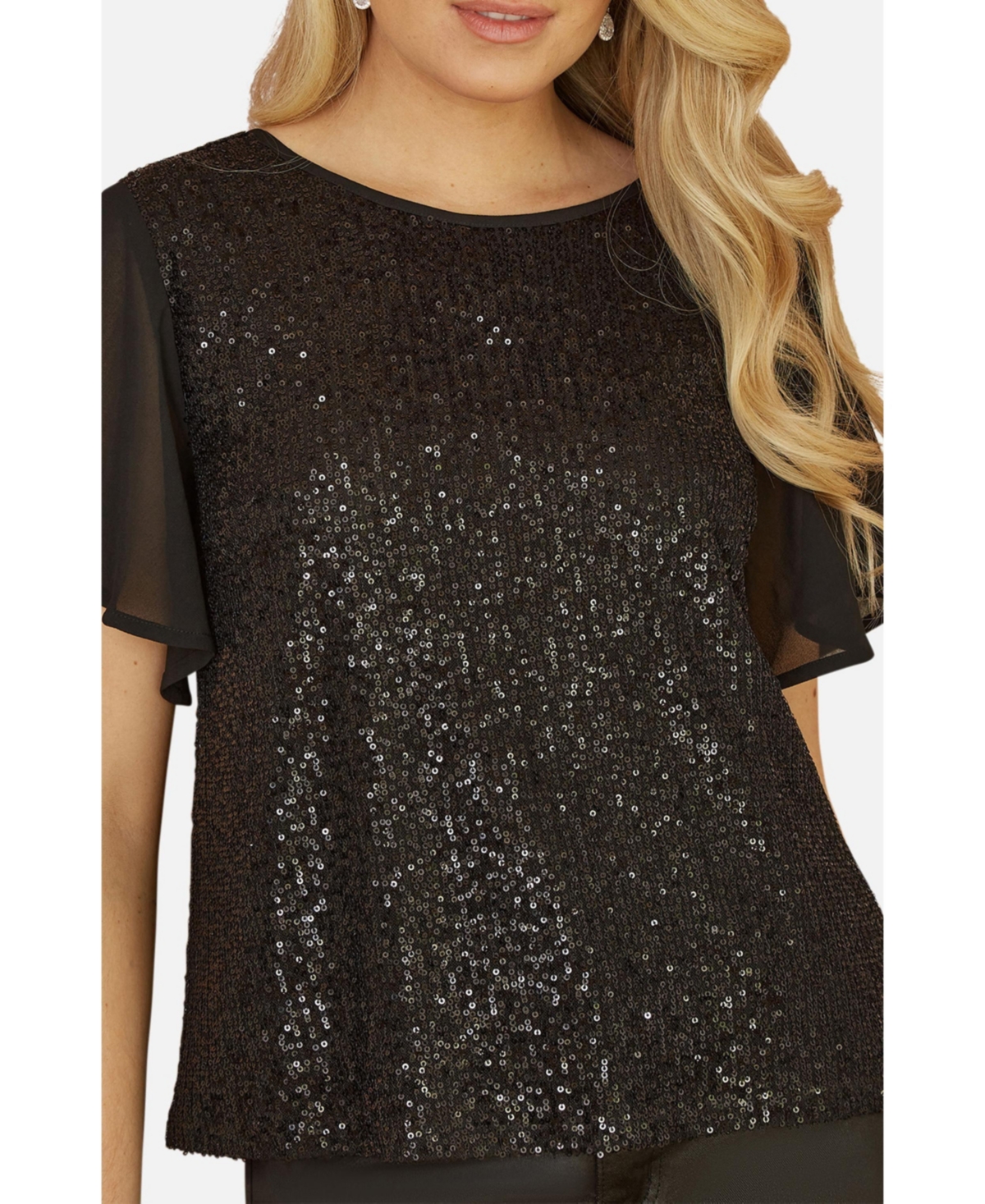 Yumi Women's Sheer Short Sleeve Sequin Top