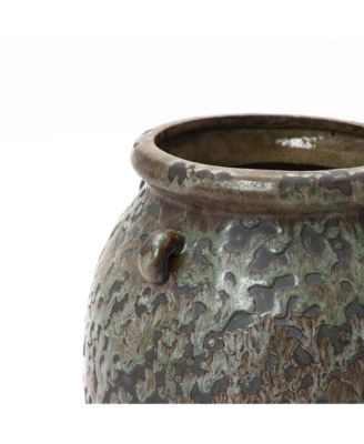 Antiqued Terracotta Jar Vase, Rustic 14.17-Inch Green & Brown Flower Holder
