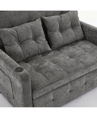 Linen Sleeper Sofa Bed, 2-Seater Pull Out Sofa with Cup Holder, USB Charging, Multi-Position Back for Apartment or Guest Room