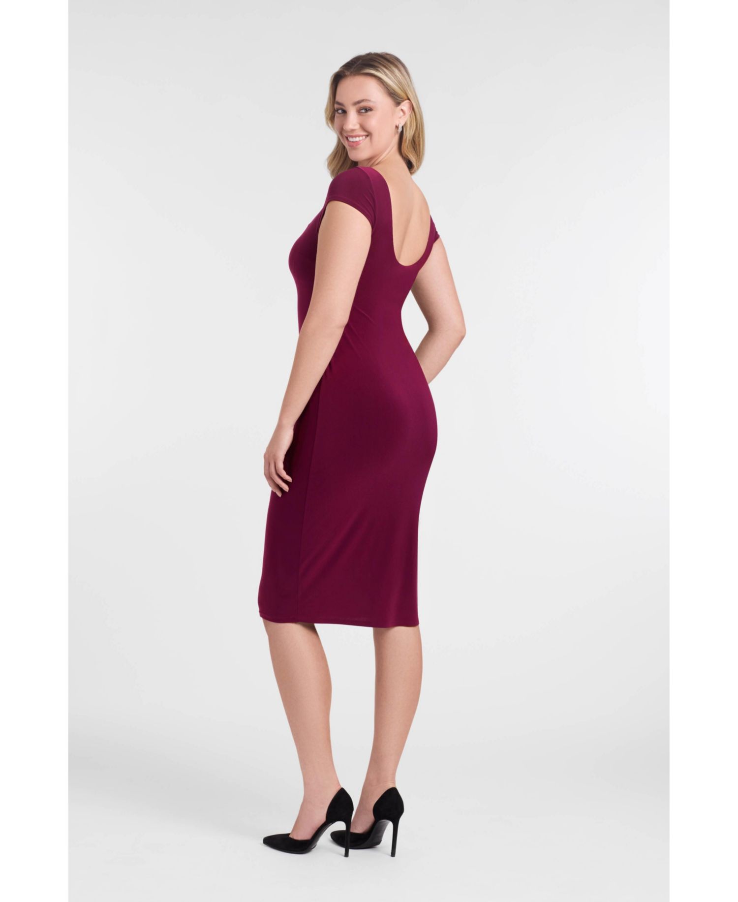 Women's Sculpting Shapewear Square Neck Cap Sleeve Solid Midi Dress