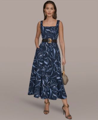 Women's Square Neck Belted A-Line Dress