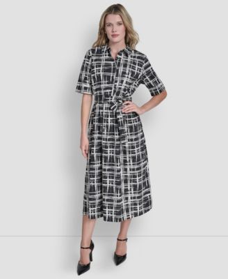 Women's 3/4-Sleeve Collared Neck Cotton Midi Shirt Dress