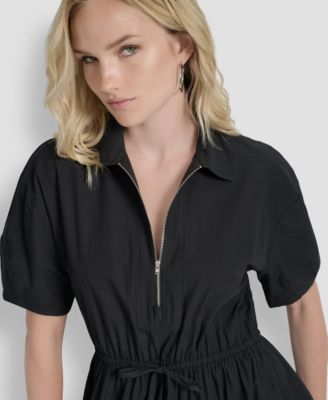 Women's Short-Sleeve Collar Zip Neck Midi Dress