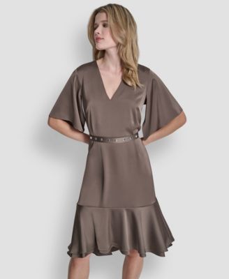 Women's Flutter Sleeve V-Neck High Low Midi Dress