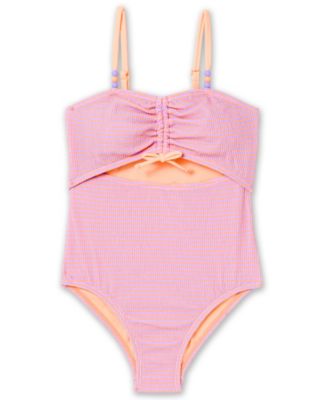 Girls' 7-16 Scrunch Stripe Square Neck One-Piece Swimsuit