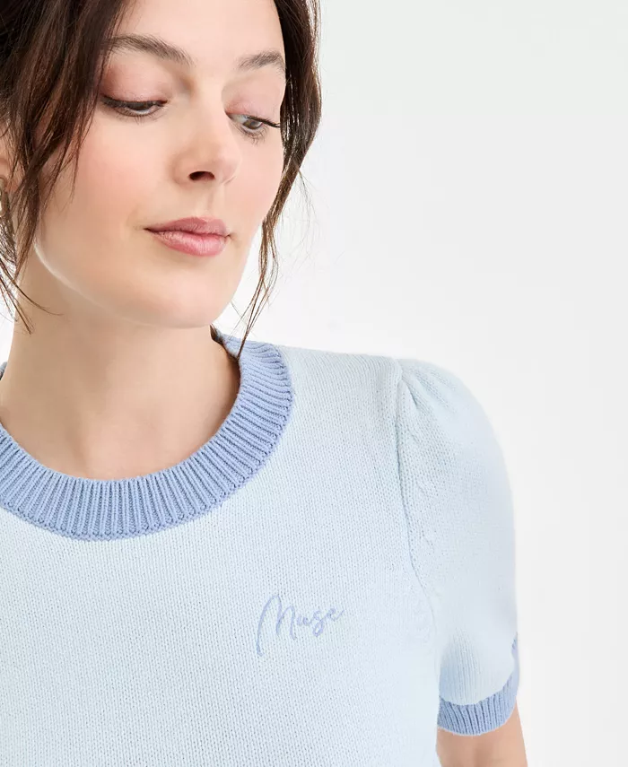 Women's Embroidered Colorblocked Short-Sleeve Sweater - thumbnail 4