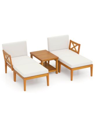 5 PCS Acacia Wood Patio Chaise Lounge Chair Set with 2-Tier Coffee Table Cushions