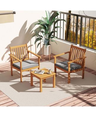  3 PCS  Acacia Wood  Soft Cushions  Patio Furniture Set (Chairs & Coffee Table)