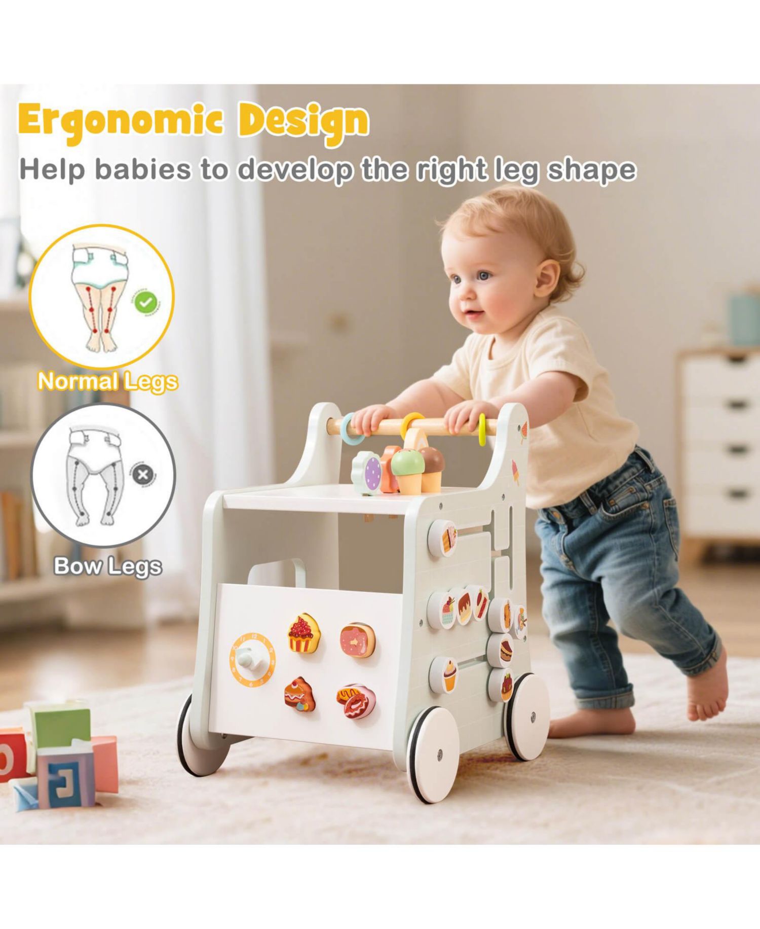 Wooden Baby Walker Ice Cream Cart Toy with Sweet Accessories & Smooth Wheels