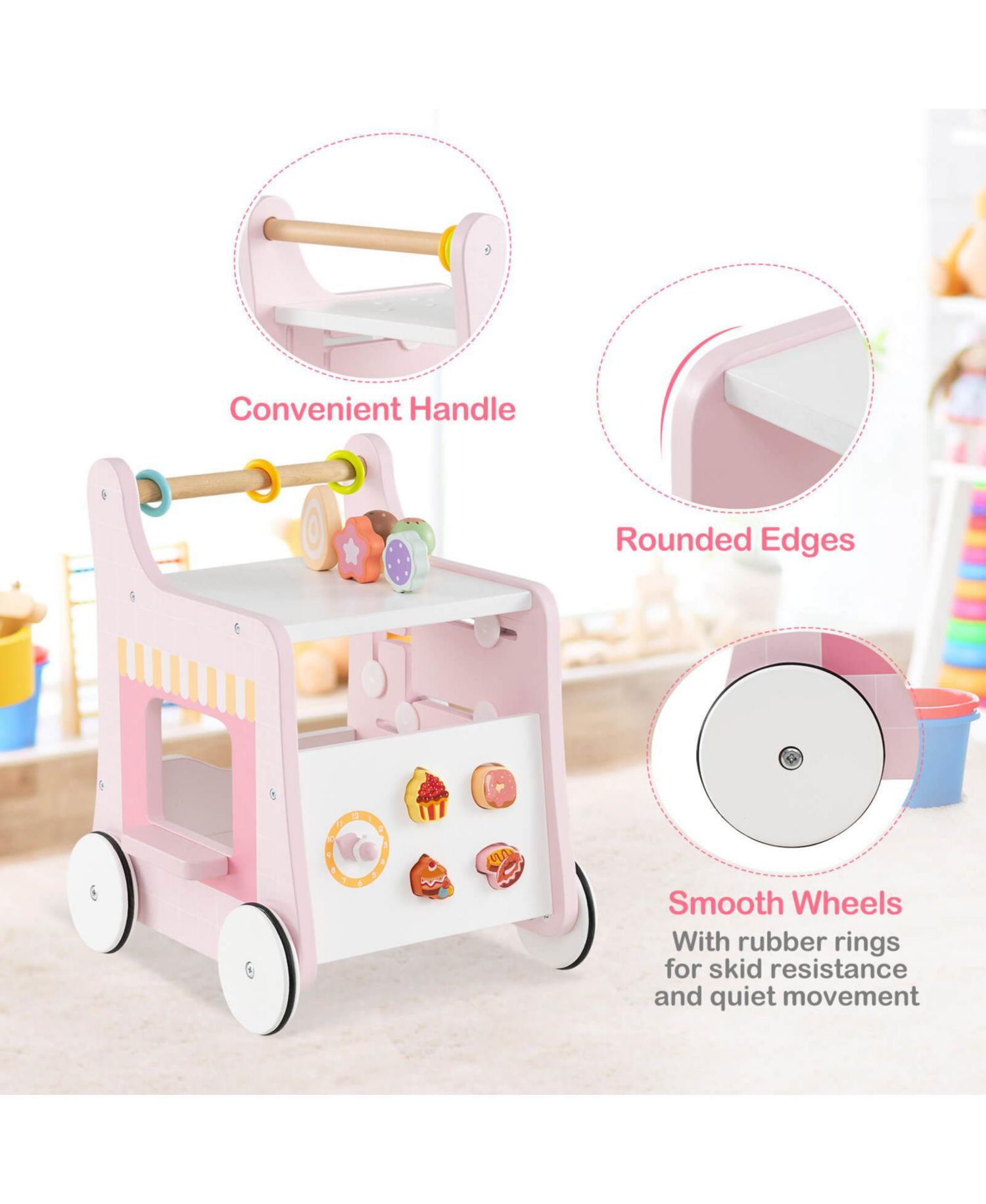 Wooden Baby Walker Ice Cream Cart Toy with Sweet Accessories & Smooth Wheels