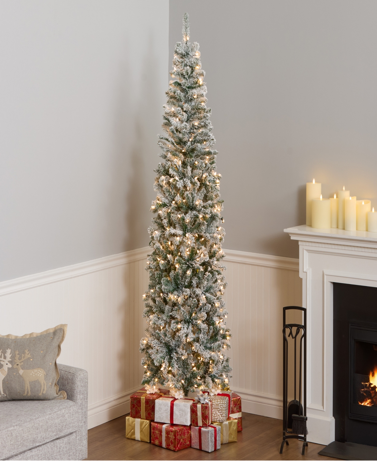 National Tree Company First Traditions 7.5' Acacia Pencil Slim Flocked Tree with Clear Lights
