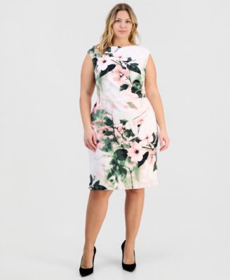Plus Size Floral-Print Boat-Neck Scuba Dress