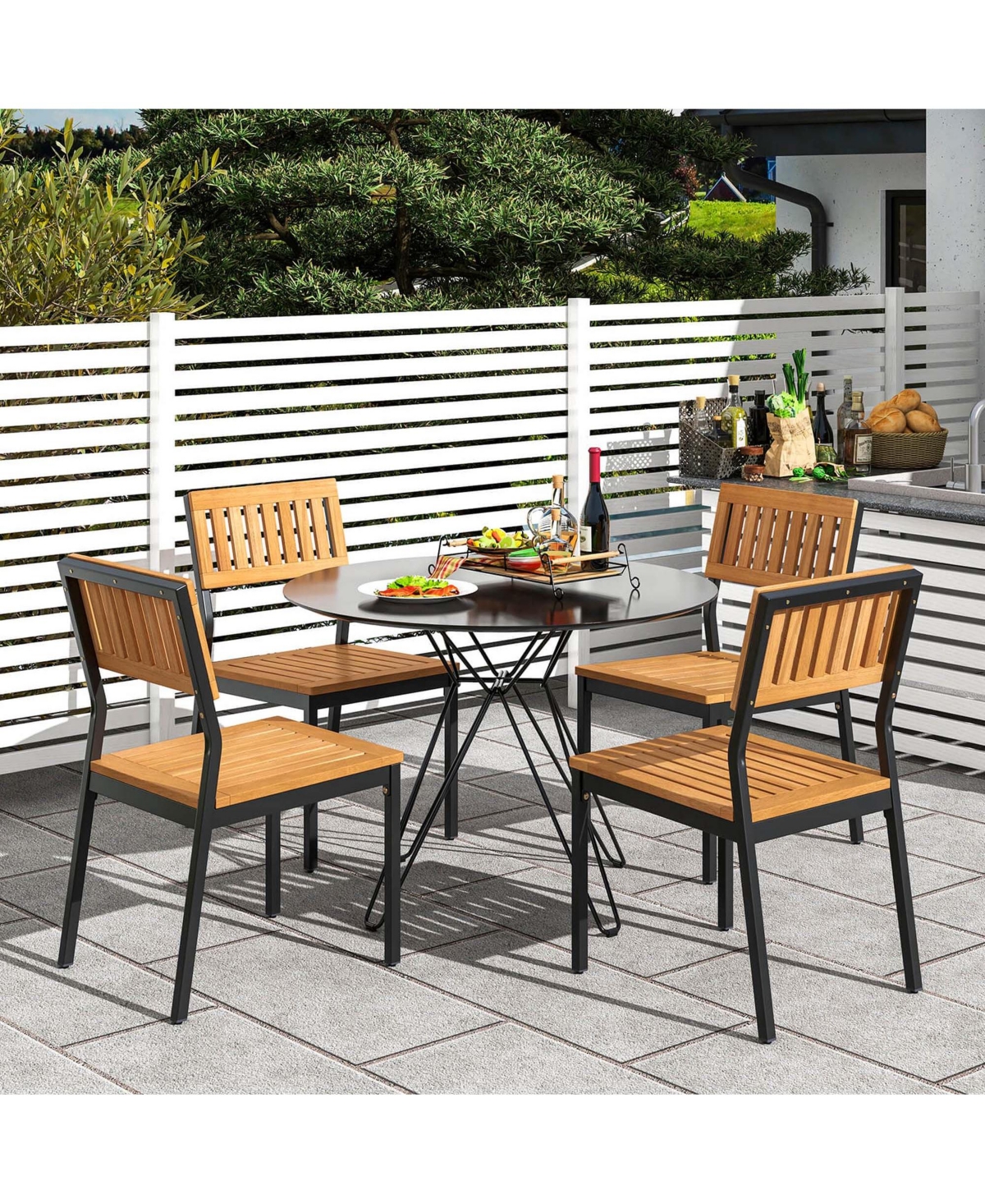 Costway 6 Pcs Outdoor Acacia Wood Dining Set with Bench and 2" Umbrella Hole Outdoor Patio