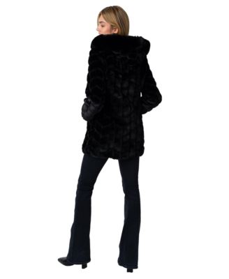 Women's Hooded Grooved Herringbone Faux Fur