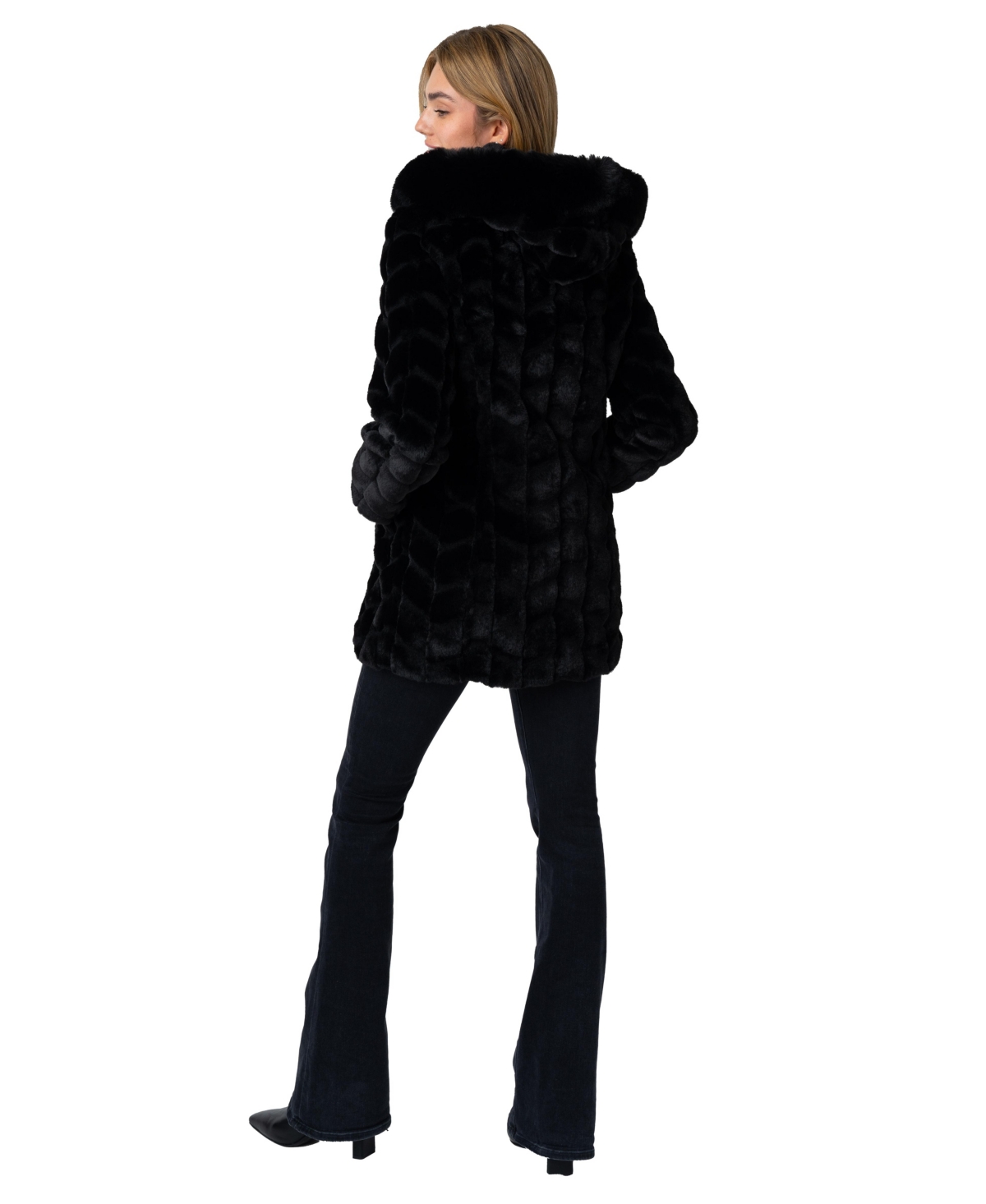 Via Spiga Women's Hooded Grooved Herringbone Faux Fur