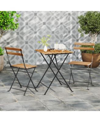 3 PCS Patio Acacia Wood Bistro Set Bistro Table with 2 Folding Chairs Slatted Seat