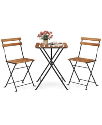 3 PCS Patio Acacia Wood Bistro Set Bistro Table with 2 Folding Chairs Slatted Seat