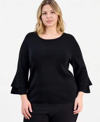 Plus Size Boat-Neck Flare-Cuffs Sweater 