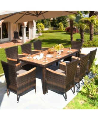 9PCS Patio Wicker Dining Set Acacia Wood Table Top Umbrella Hole Cushions Chairs