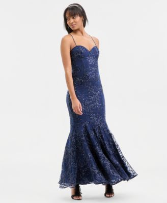 Juniors' Floral Sequin Embellished Mesh Gown
