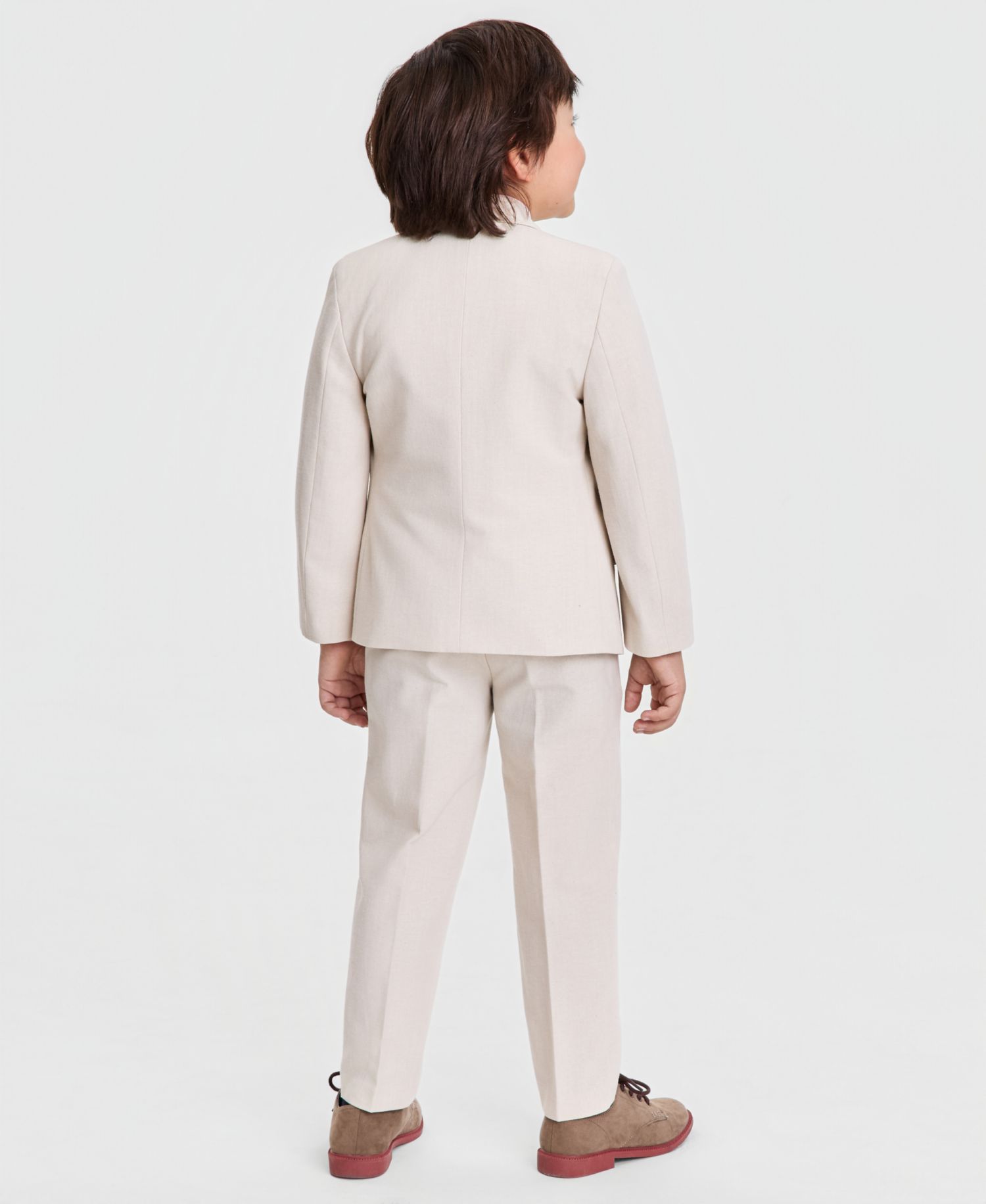 Boys' 2T-7 Peach Linen Notch Collar Suit Jacket, Pants, Long-Sleeve Stripe Shirt & Plaid Necktie, 4-Piece Set