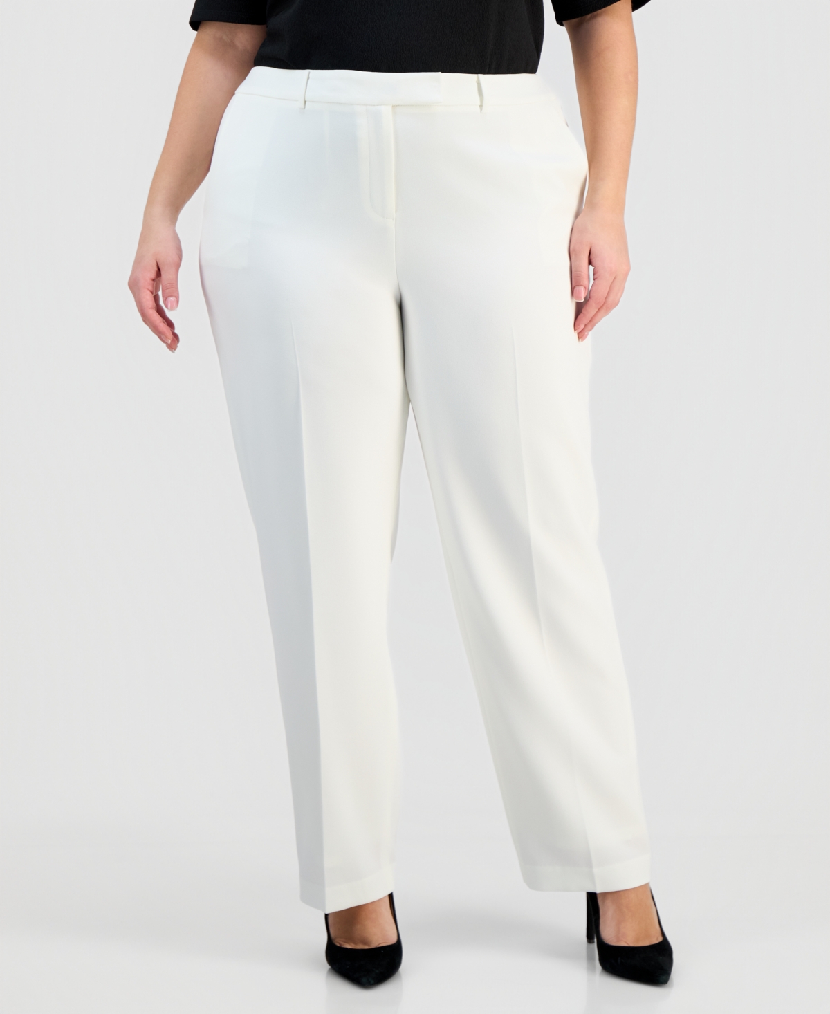Kasper Plus Stretch Crepe Press-Pleat Straight-Leg Pants
