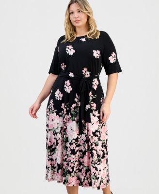 Plus Size Floral-Print Round-Neck Tie-Belt Waist 