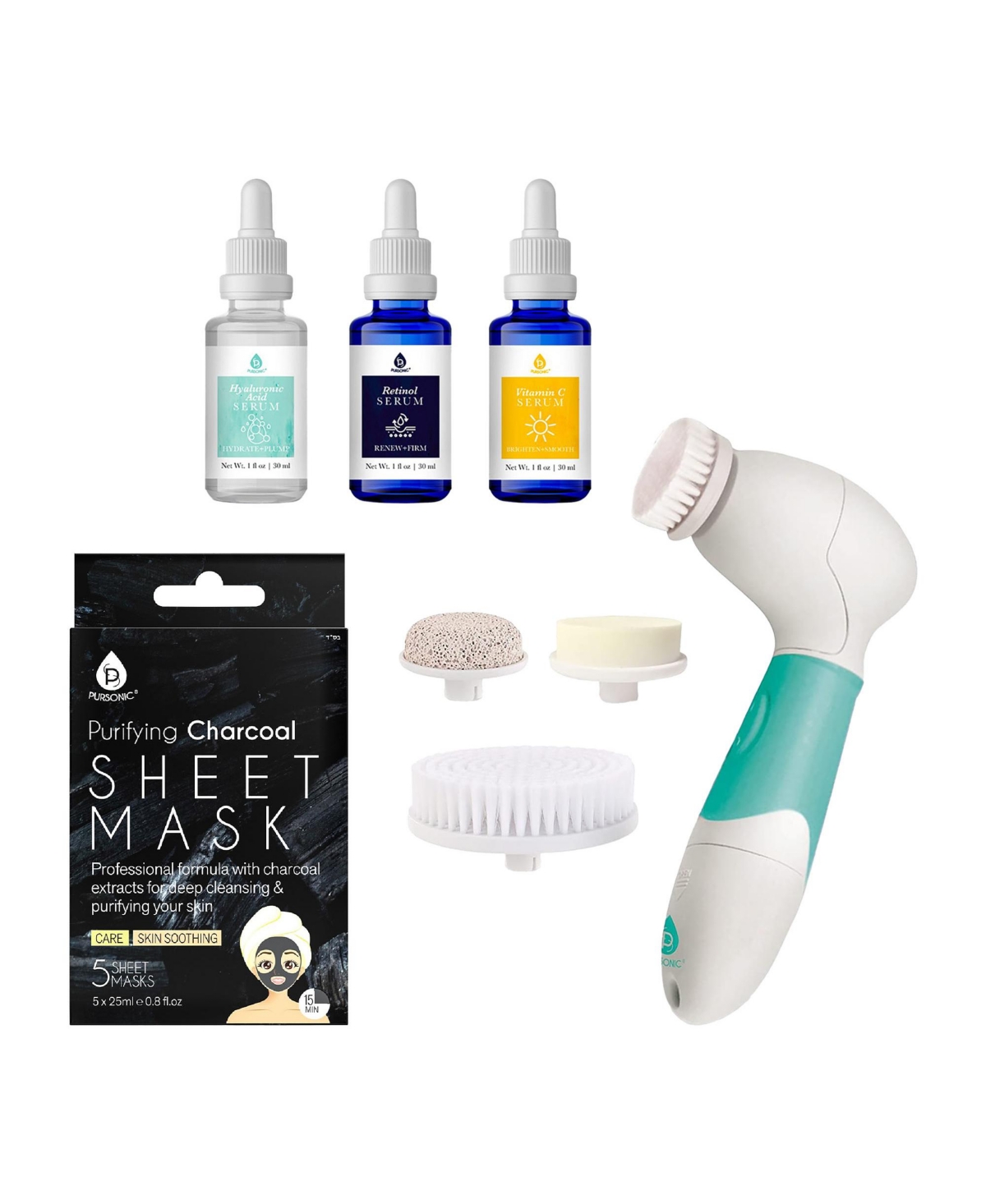 Pursonic Complete Skincare Bundle – Advanced Facial & Body Cleansing Brush + Anti-Aging Serum Set + 5-Pack Charcoal Sheet Masks