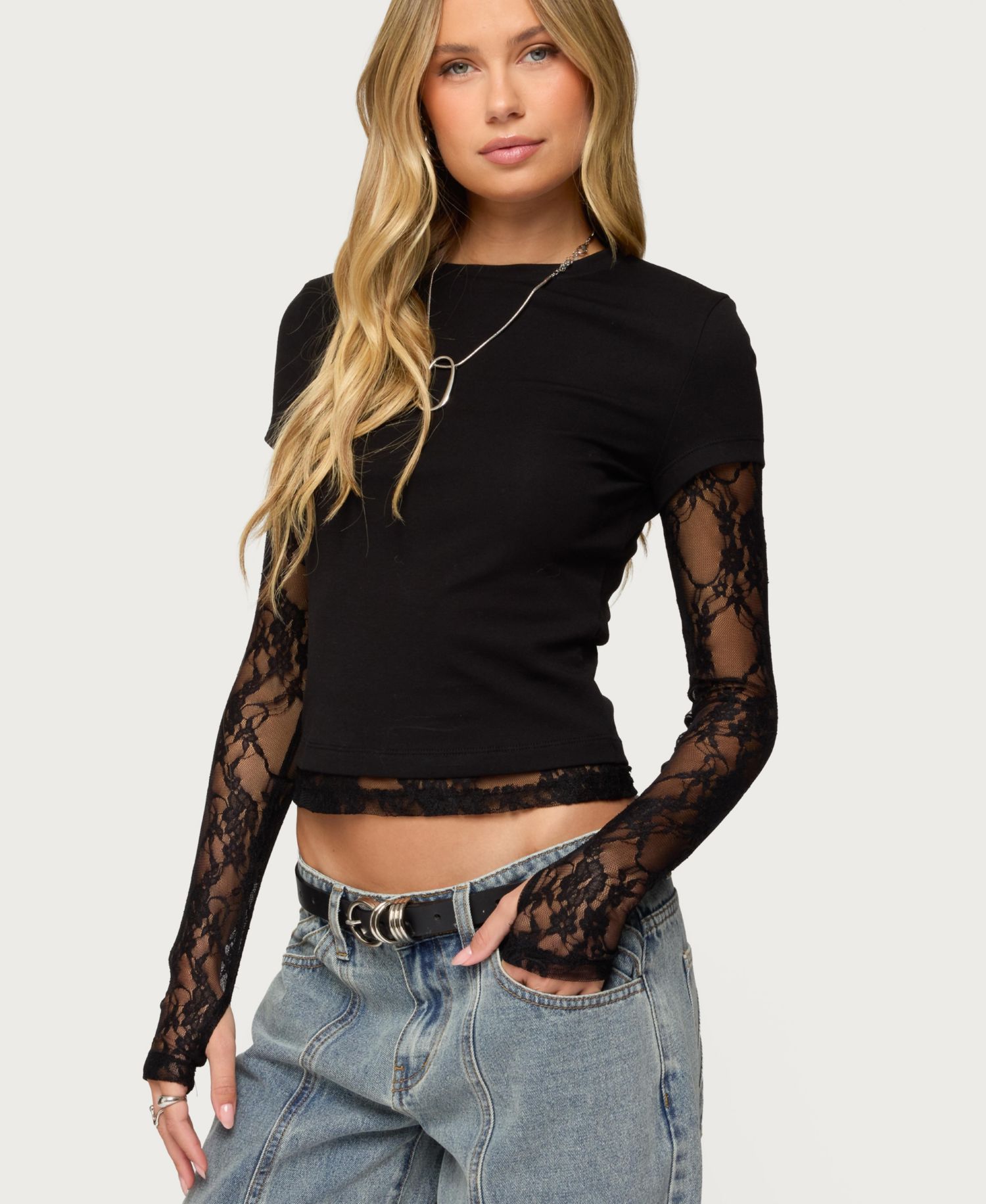 Women's Layered Lace Sleeve T Shirt