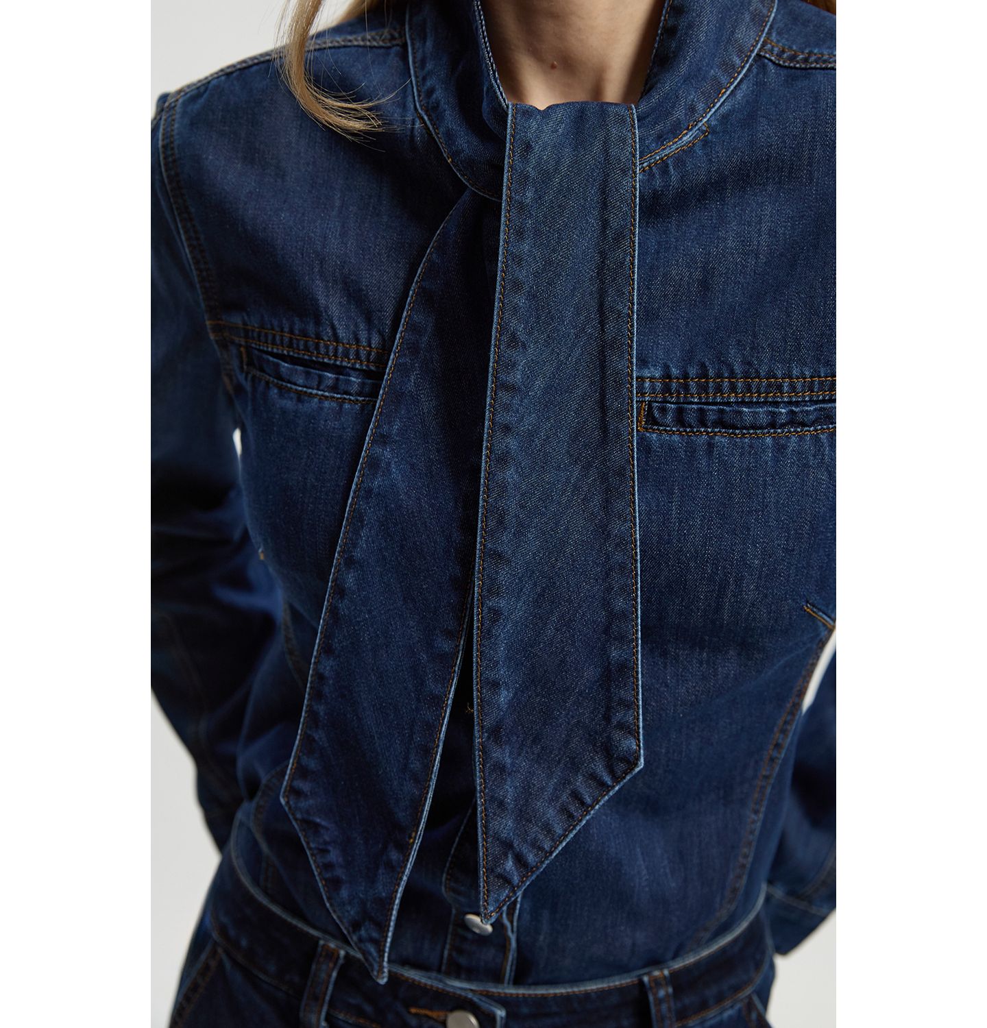 Женская блузка Karen Millen Denim Pussybow, цвет: Синий — фото 4