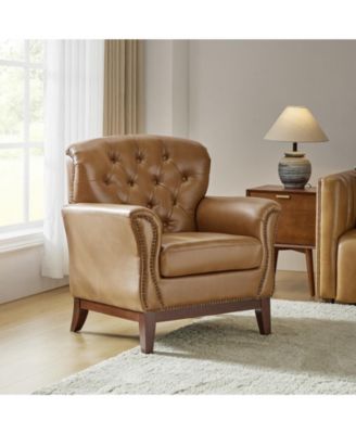 Eugene Traditional Genuine Leather Chair with Tufted Wing Back and Solid Wood