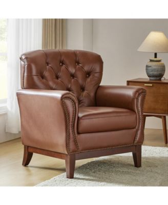 Eugene Traditional Genuine Leather Chair with Tufted Wing Back and Solid Wood