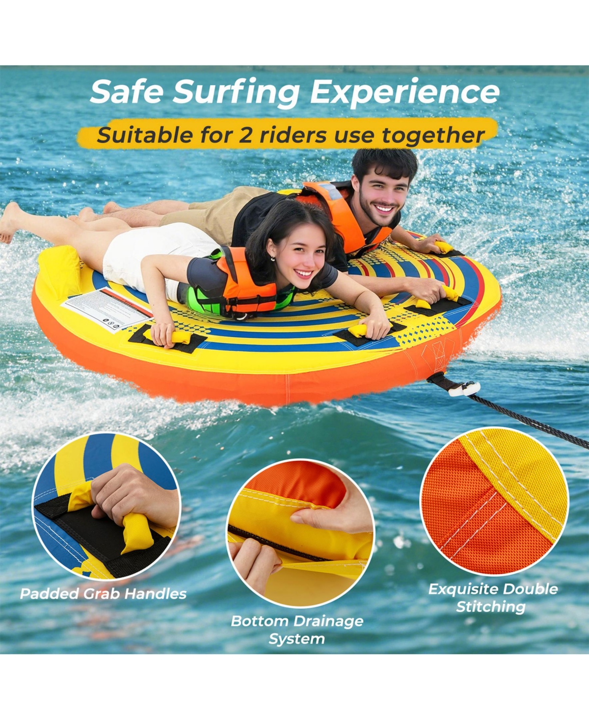 Sugift 1 or 2 Person Inflatable Towable Tube for Boating with Quick Connector