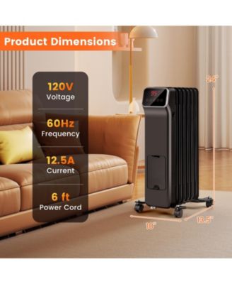 1500W Oil Filled Radiator Heater with Remote Control 3 Modes 24H Timer