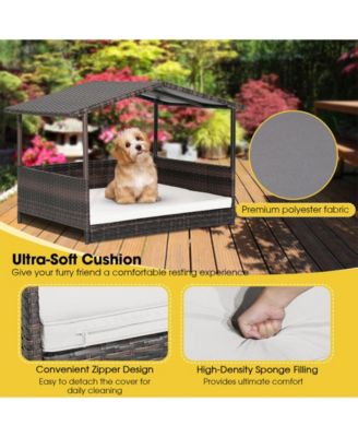 Outdoor Wicker Dog House with Weatherproof Roof-White