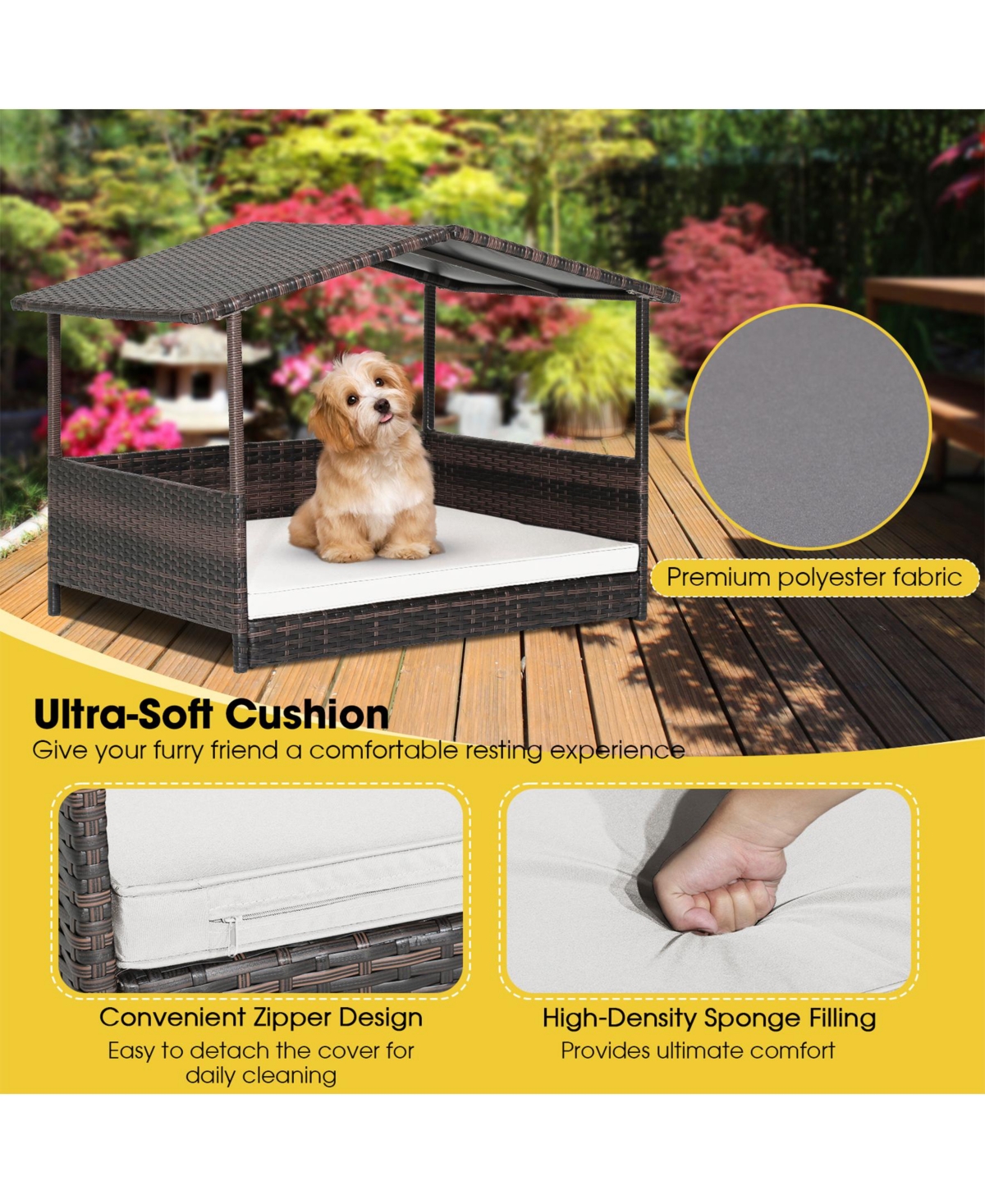 Sugift Outdoor Wicker Dog House with Weatherproof Roof-White