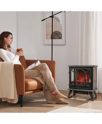 1400W Electric Stove Heater with 3-Level Flame Effect and 3-Sided View-Black