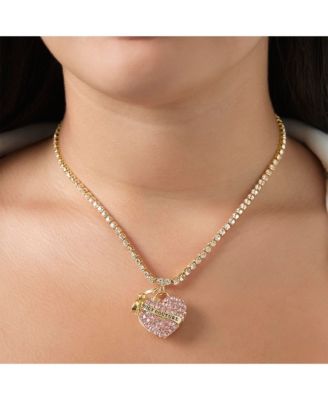 Pink Pave Heart Pendant Necklace, Gold Tone