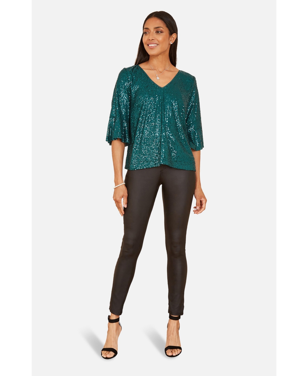 Yumi Women's Fluted Sleeve Sequin Top