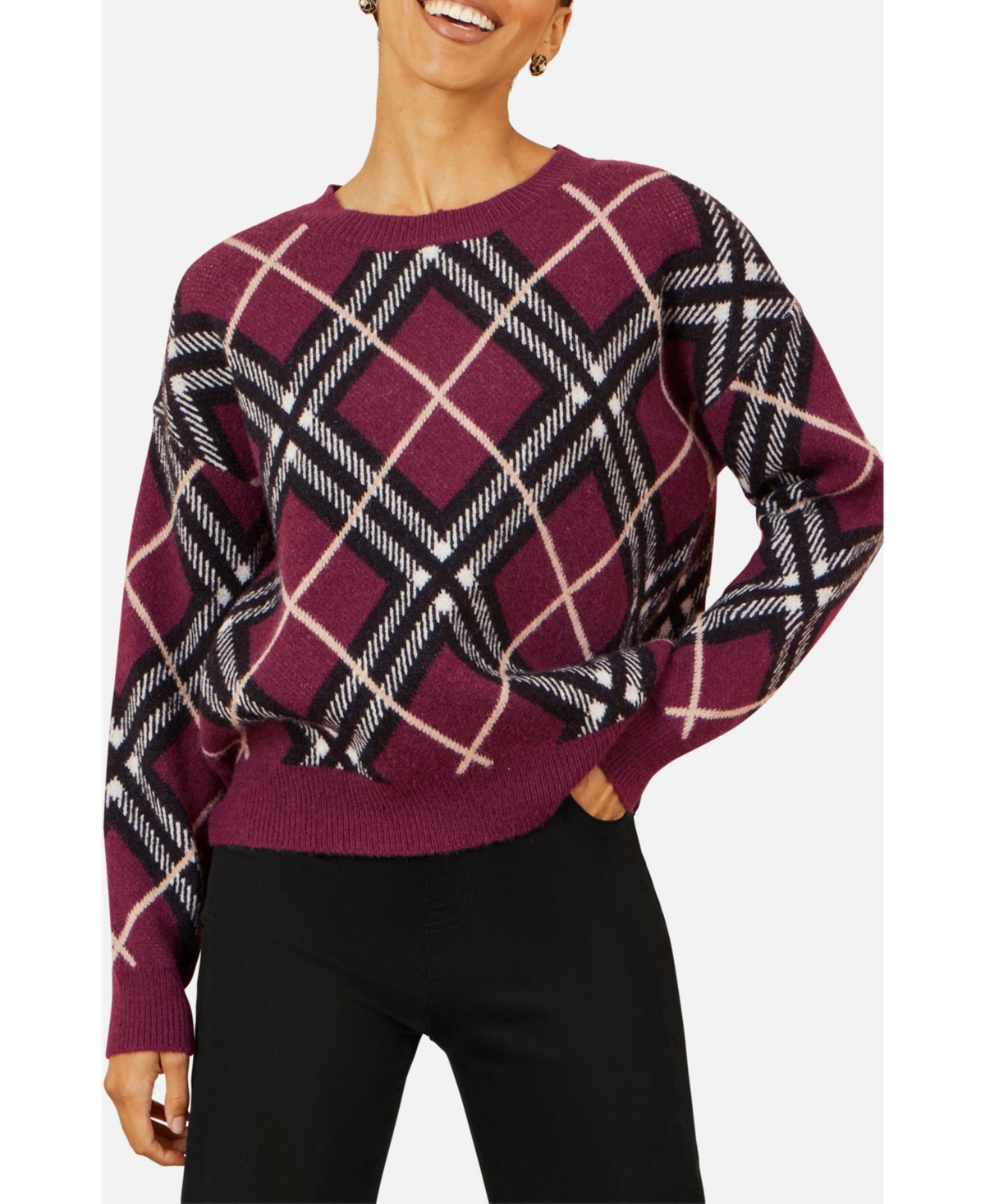 Yumi Women's Argyle Check Relaxed Sweater